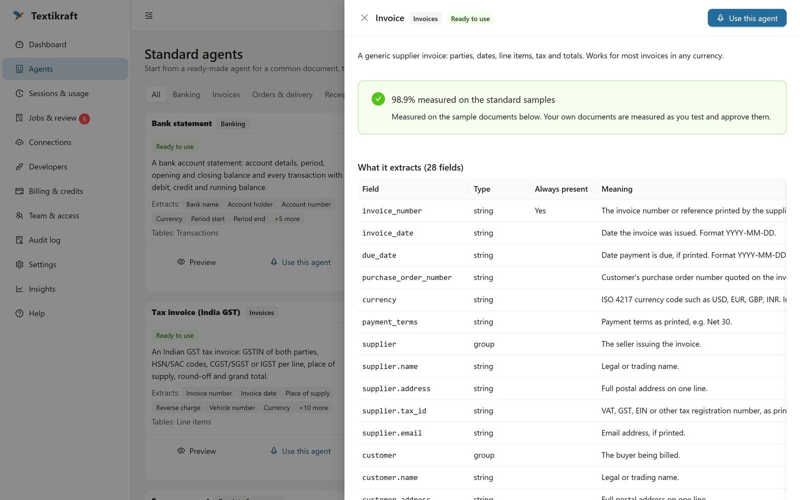 The invoice agent: 98.9 percent measured on the standard samples, and the 28 fields it extracts